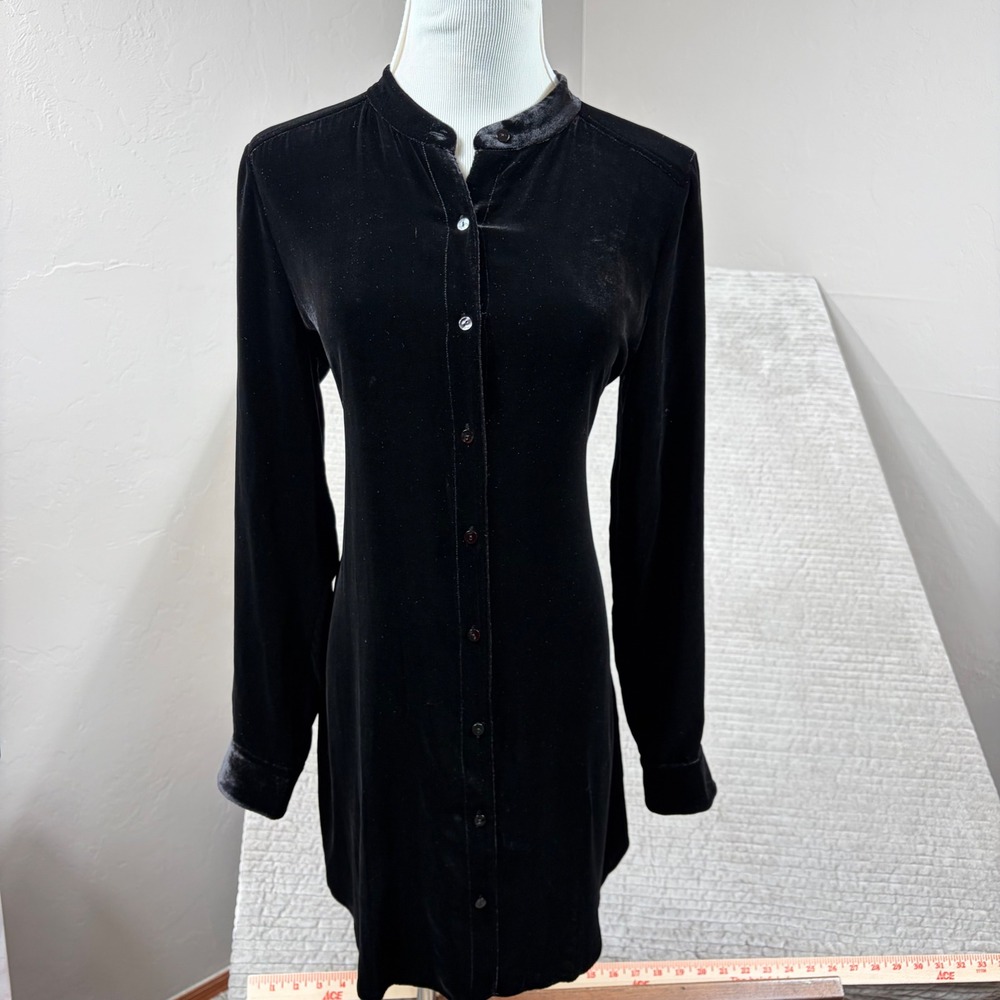 Eileen Fisher Petite Black Silk Rayon Velvet Mandarin Collar Button Down Tunic